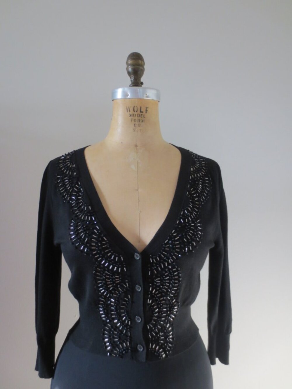 Vintage Forever 21 Black Button Front Beaded 3/4 Sleeve Cropped Cardigan